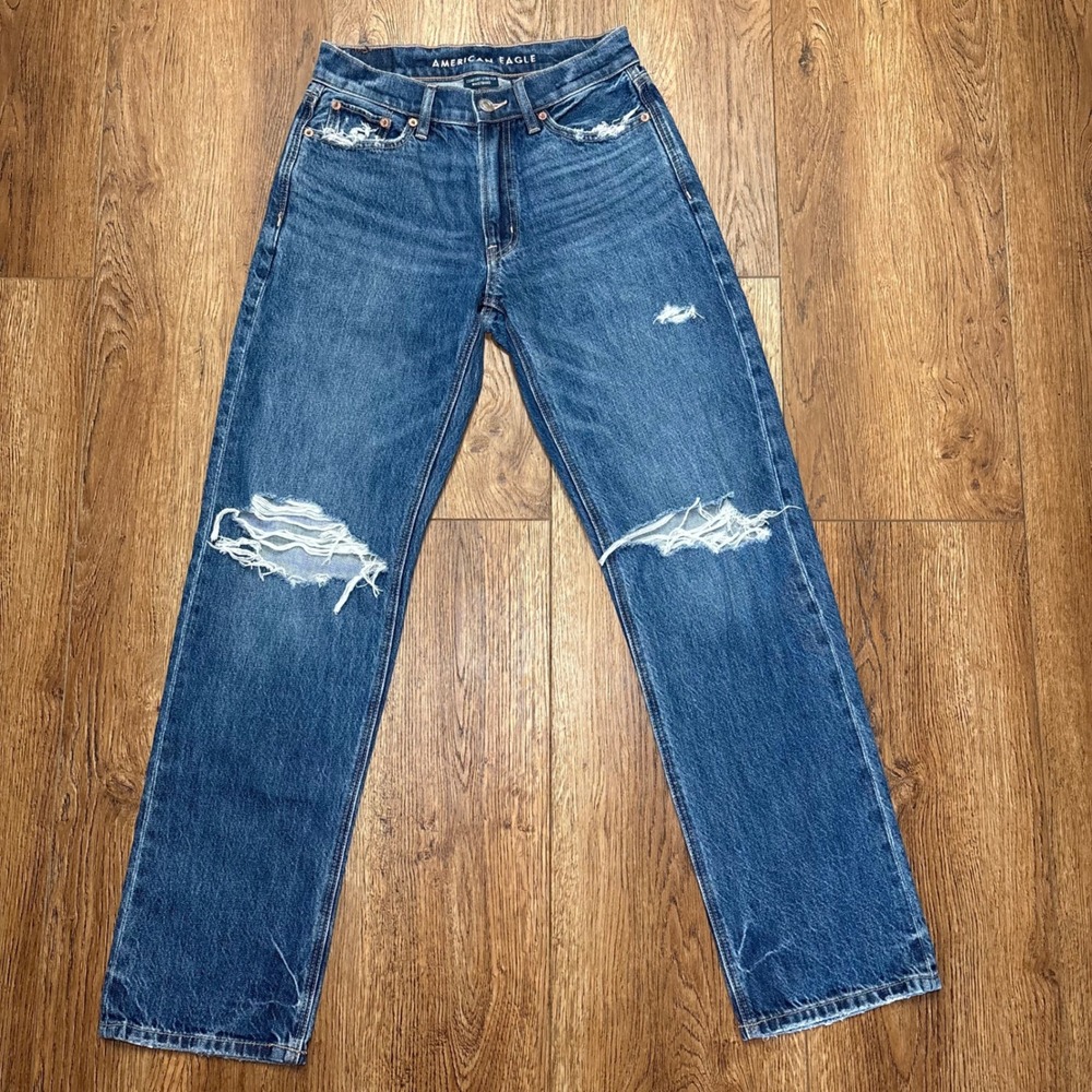 American Eagle Ex-Boyfriend Distressed Straight Leg Jeans Blue Womens 000 26x29